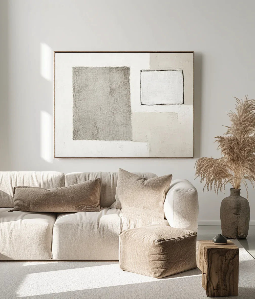 Minimalist Balance-Abstract Wall Art Featuring Light Gray Geometric Shapes and White Rectangles - artextured