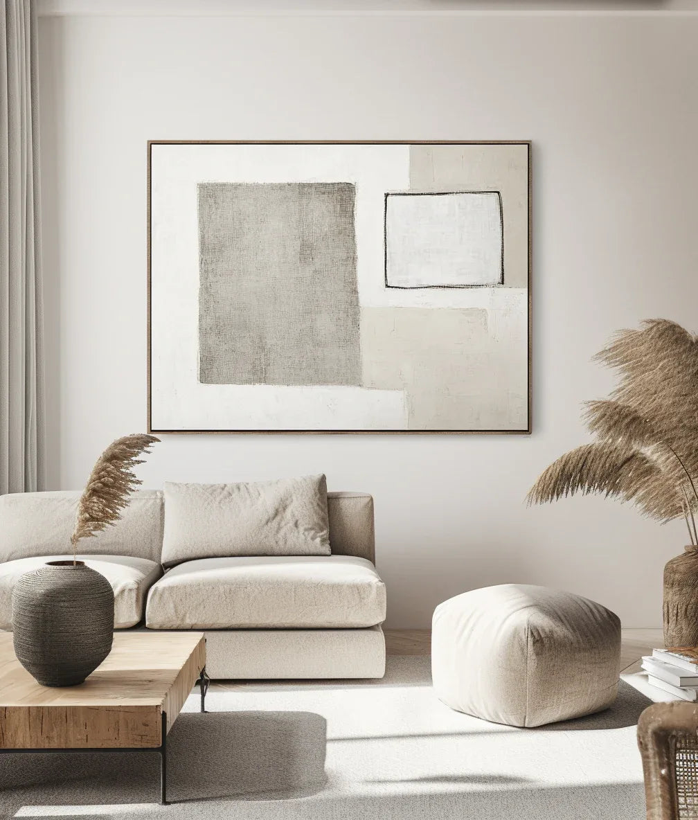 Minimalist Balance-Abstract Wall Art Featuring Light Gray Geometric Shapes and White Rectangles - artextured