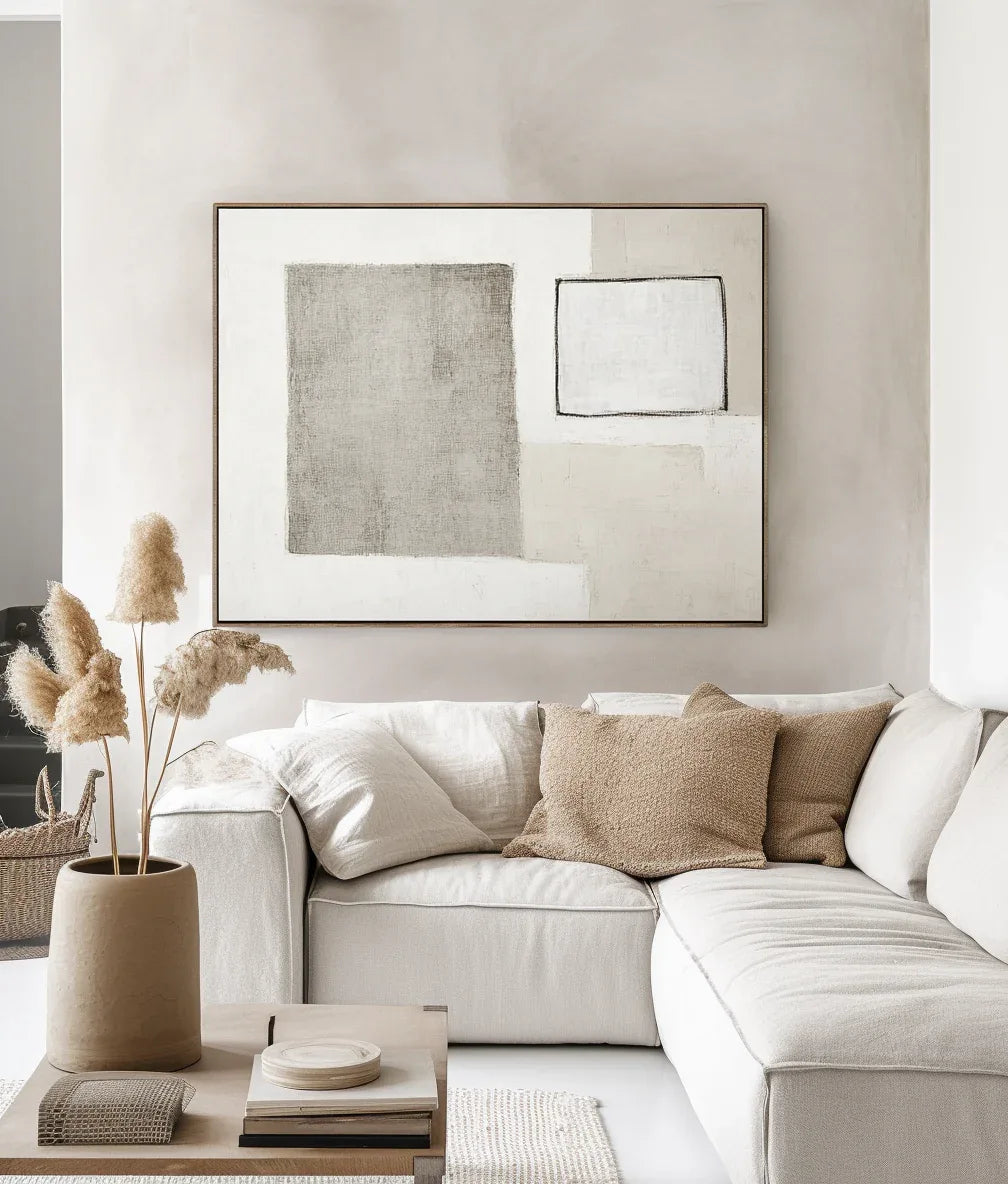 Minimalist Balance-Abstract Wall Art Featuring Light Gray Geometric Shapes and White Rectangles - artextured