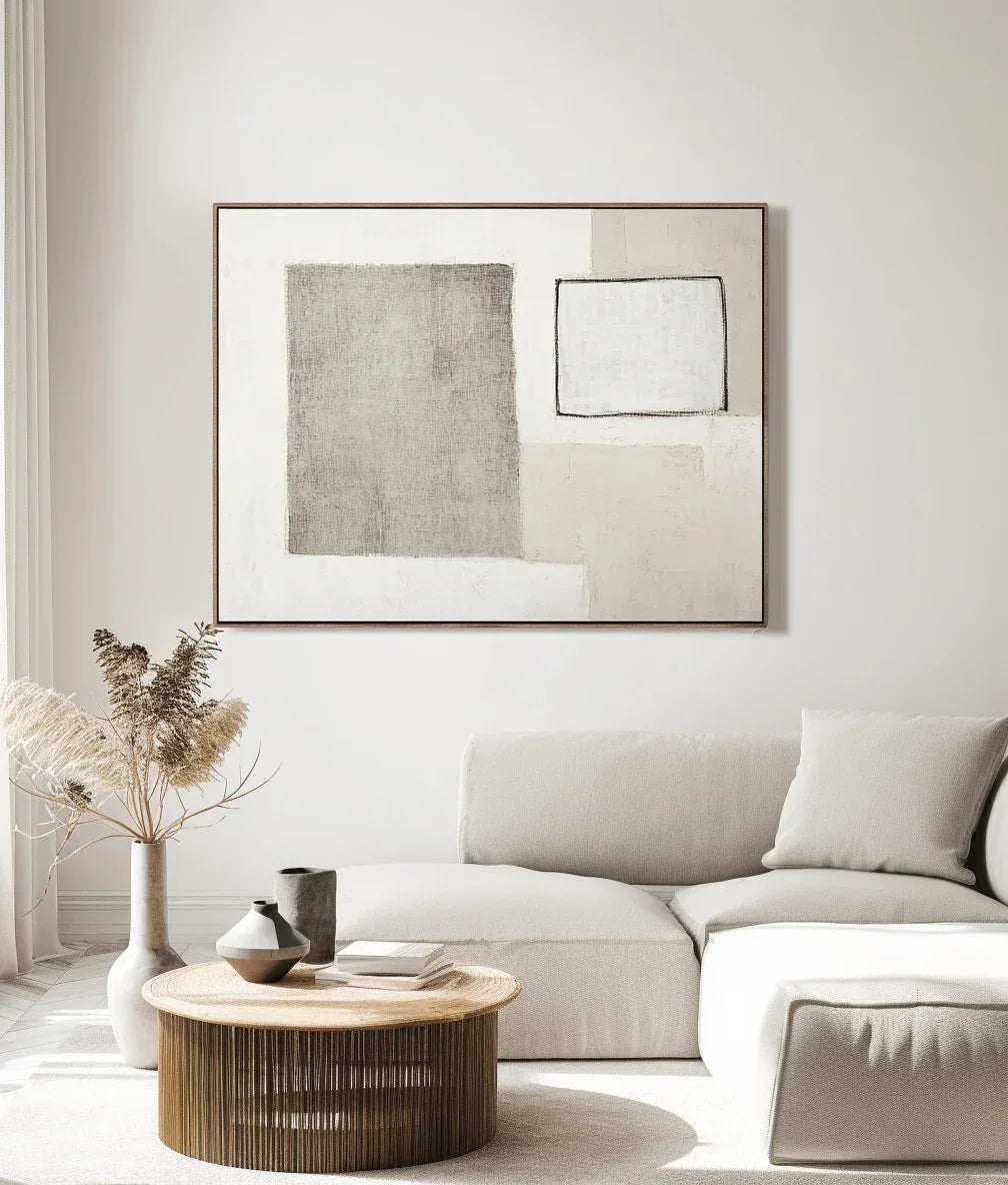 Minimalist Balance-Abstract Wall Art Featuring Light Gray Geometric Shapes and White Rectangles - artextured