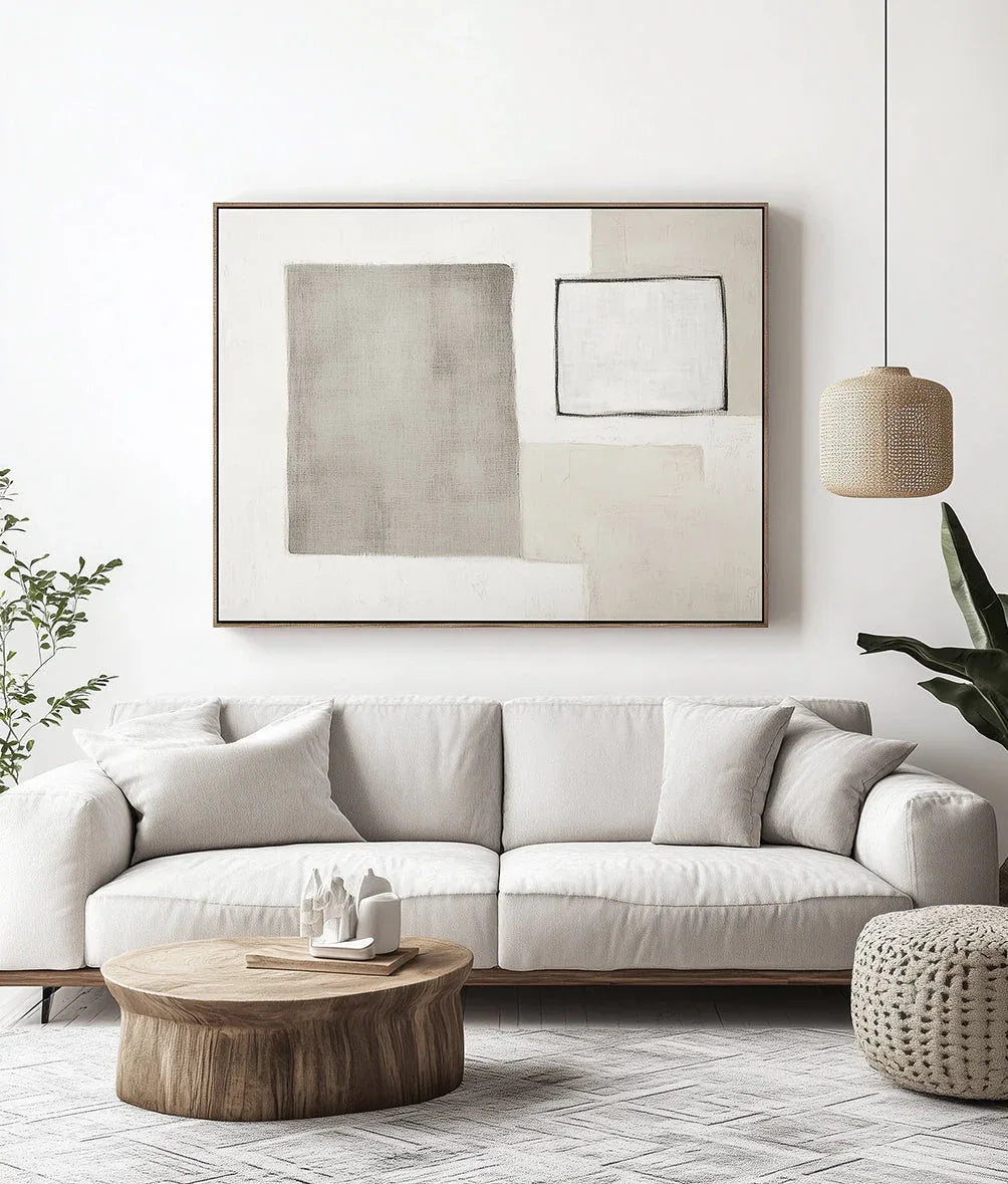 Minimalist Balance-Abstract Wall Art Featuring Light Gray Geometric Shapes and White Rectangles - artextured