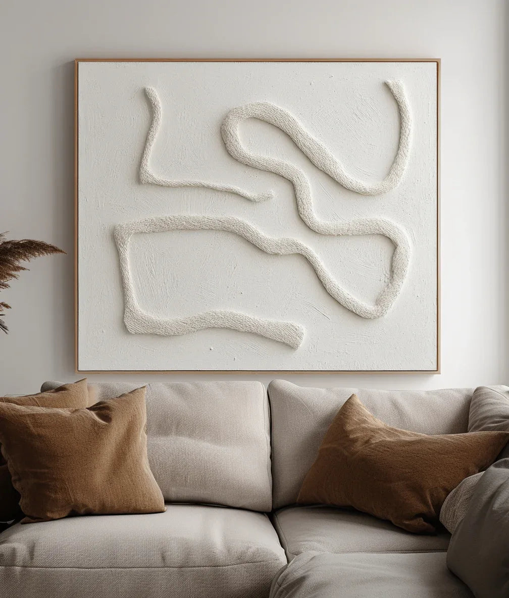 Serenity in Sculpted Lines-Minimalist Style Hand-Painted White Flowing Line Texture Wall Art - artextured