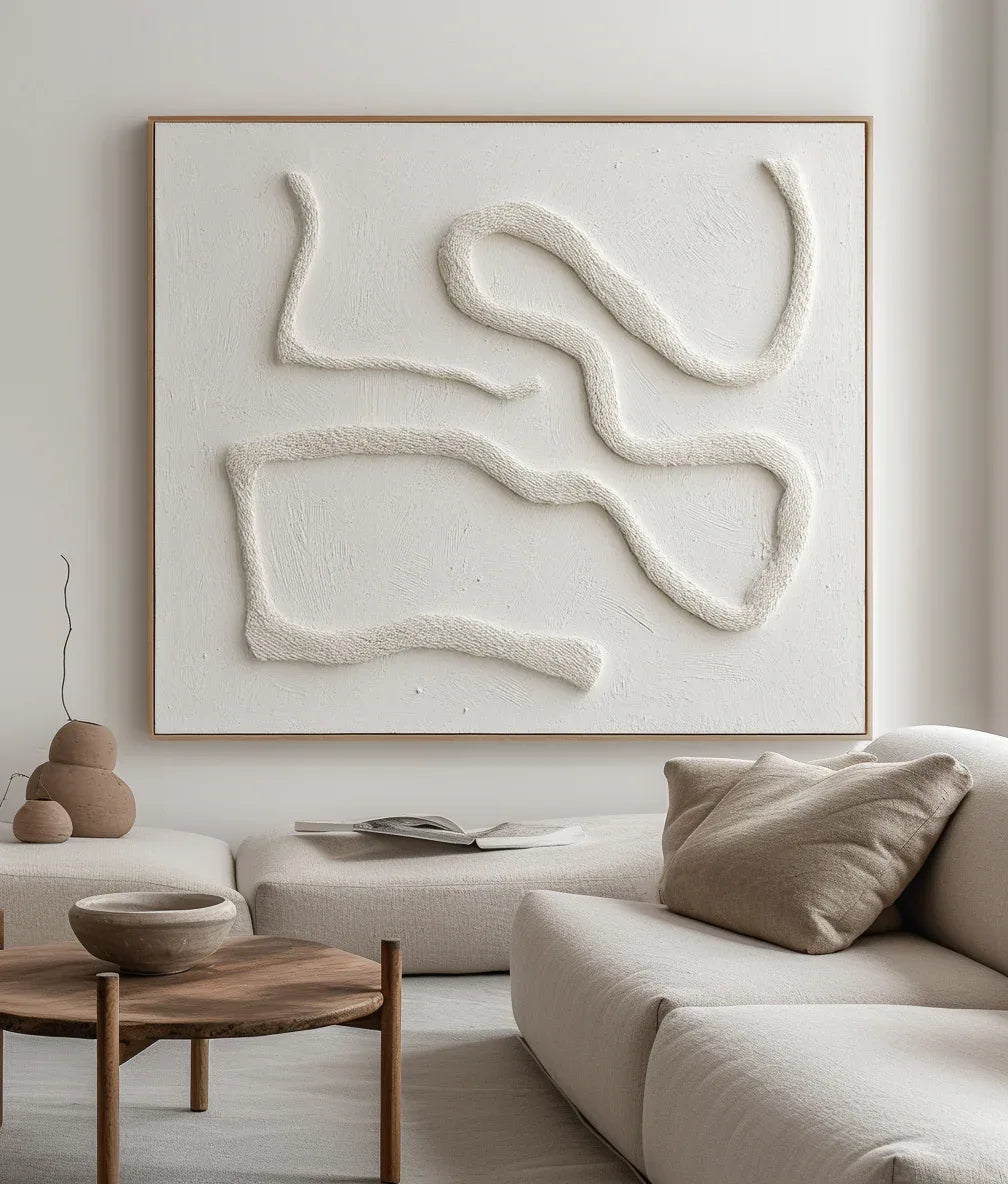 Serenity in Sculpted Lines-Minimalist Style Hand-Painted White Flowing Line Texture Wall Art - artextured