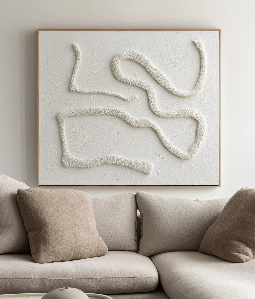 Serenity in Sculpted Lines-Minimalist Style Hand-Painted White Flowing Line Texture Wall Art - artextured