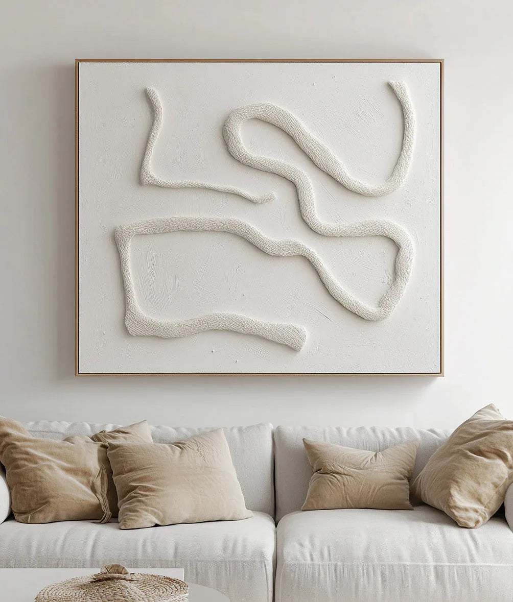 Serenity in Sculpted Lines-Minimalist Style Hand-Painted White Flowing Line Texture Wall Art - artextured