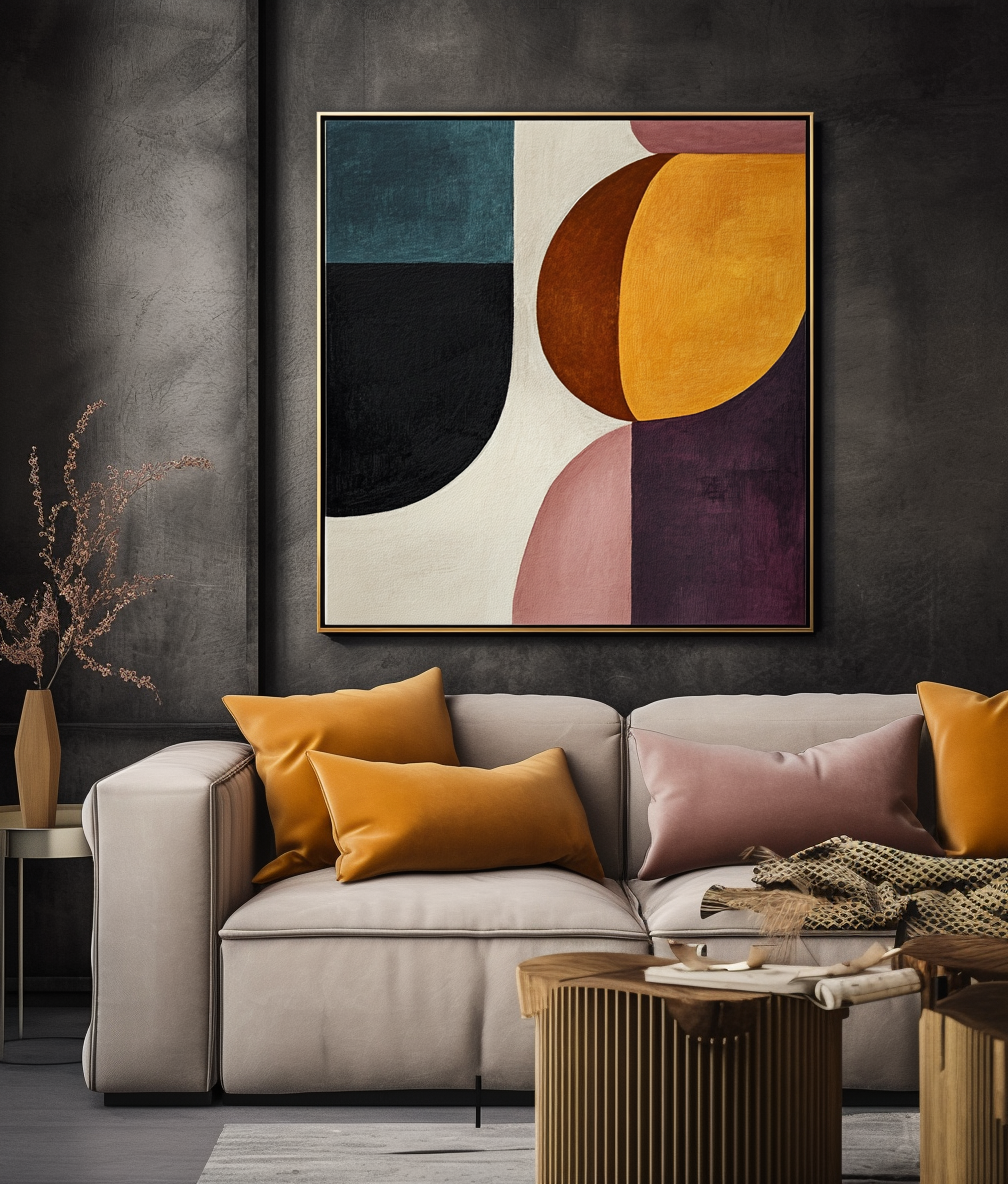 Ethereal Geometry-Minimalist and Three-Dimensional Semi-Circular Color Block Splicing Abstract Oil Painting Wall Art