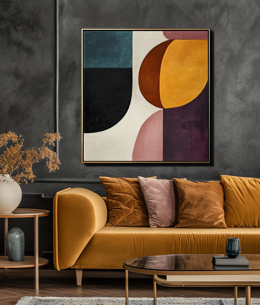 Ethereal Geometry-Minimalist and Three-Dimensional Semi-Circular Color Block Splicing Abstract Oil Painting Wall Art