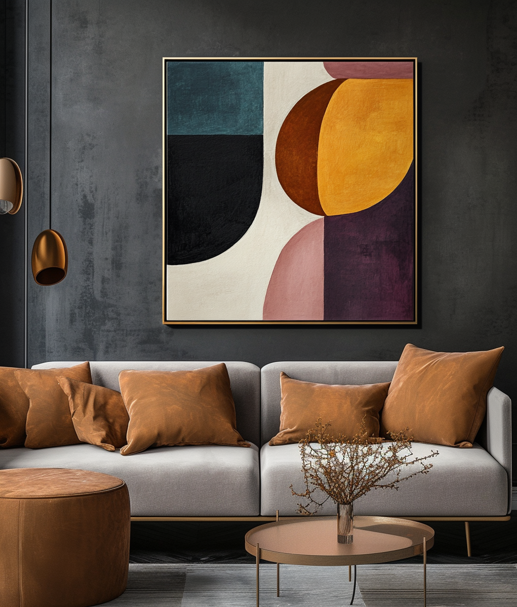 Ethereal Geometry-Minimalist and Three-Dimensional Semi-Circular Color Block Splicing Abstract Oil Painting Wall Art