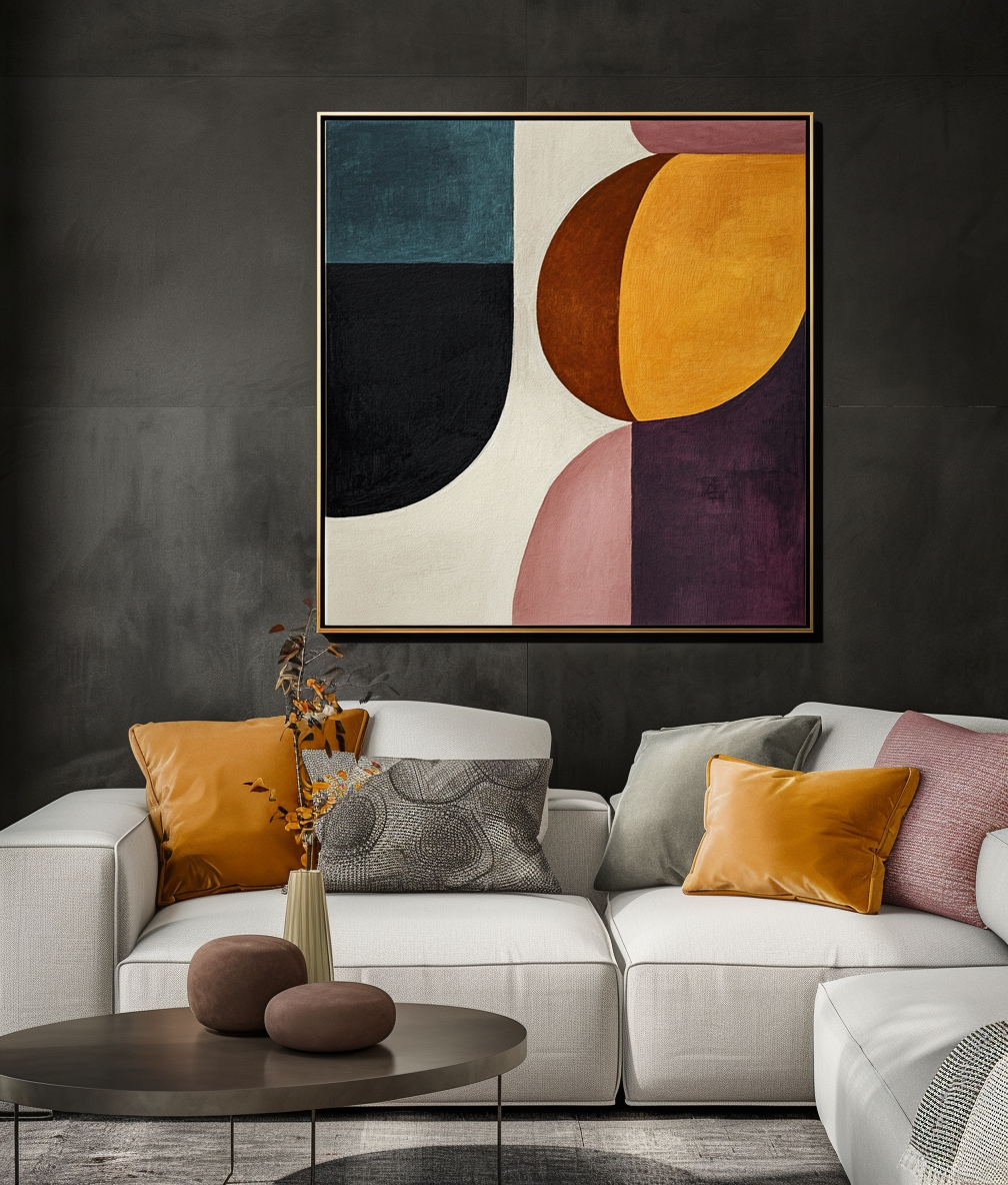 Ethereal Geometry-Minimalist and Three-Dimensional Semi-Circular Color Block Splicing Abstract Oil Painting Wall Art