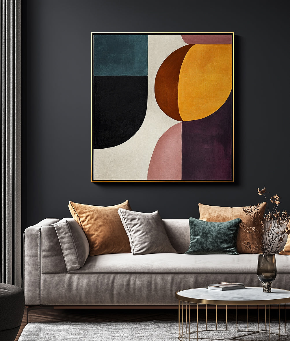 Ethereal Geometry-Minimalist and Three-Dimensional Semi-Circular Color Block Splicing Abstract Oil Painting Wall Art