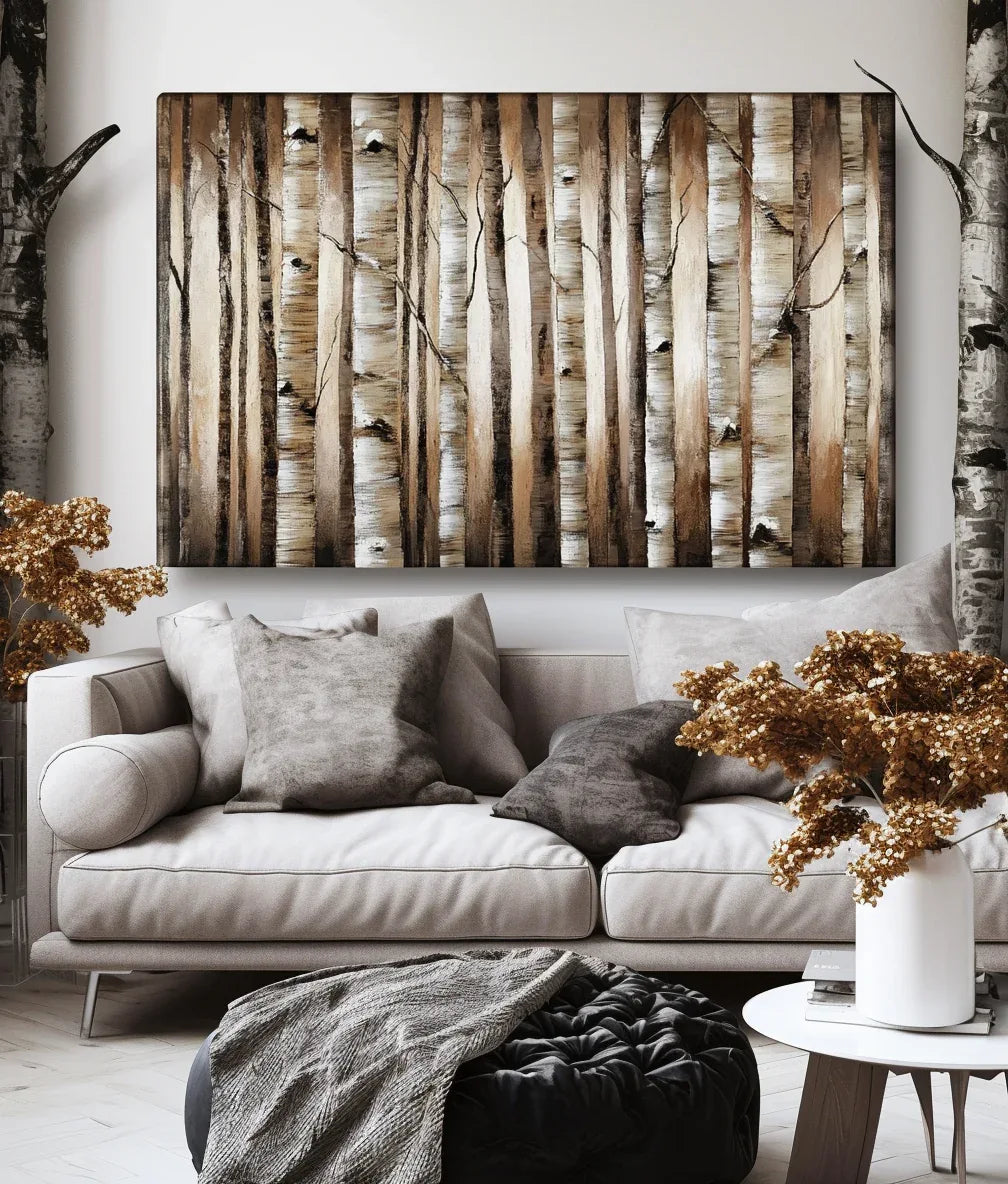 Birchwood Serenity-Hand Drawn Texture White Birch Forest Tree Trunk Vertical Decorative Wall Art - artextured