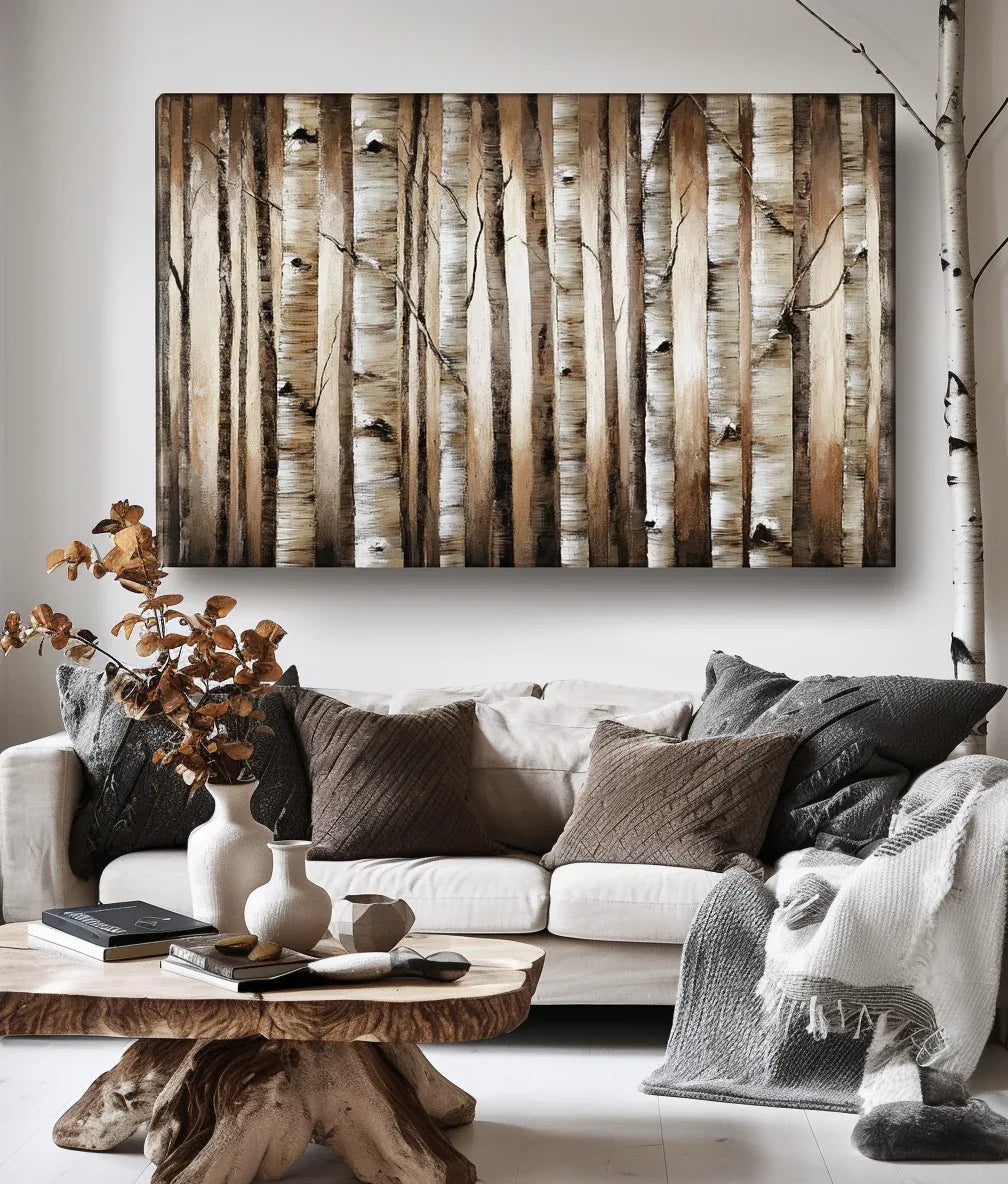 Birchwood Serenity-Hand Drawn Texture White Birch Forest Tree Trunk Vertical Decorative Wall Art - artextured