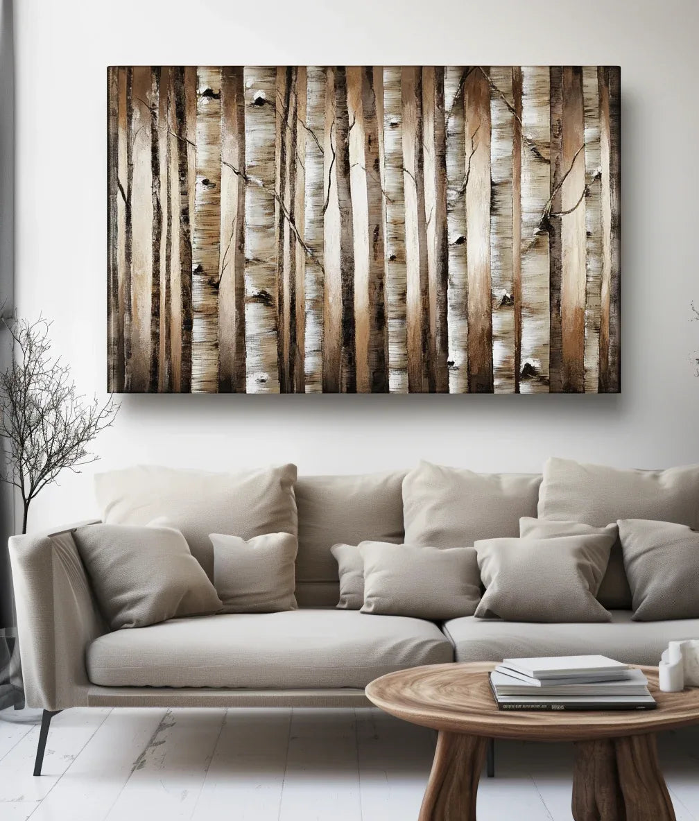 Birchwood Serenity-Hand Drawn Texture White Birch Forest Tree Trunk Vertical Decorative Wall Art - artextured