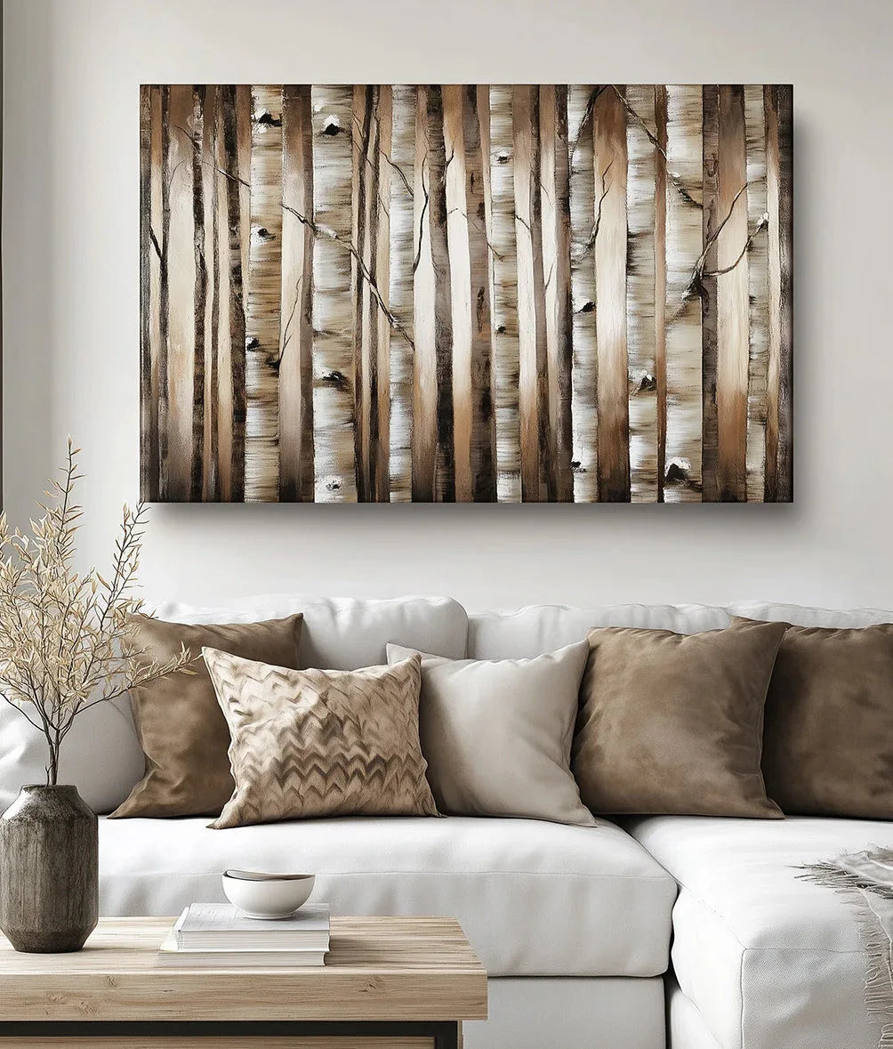 Birchwood Serenity-Hand Drawn Texture White Birch Forest Tree Trunk Vertical Decorative Wall Art - artextured
