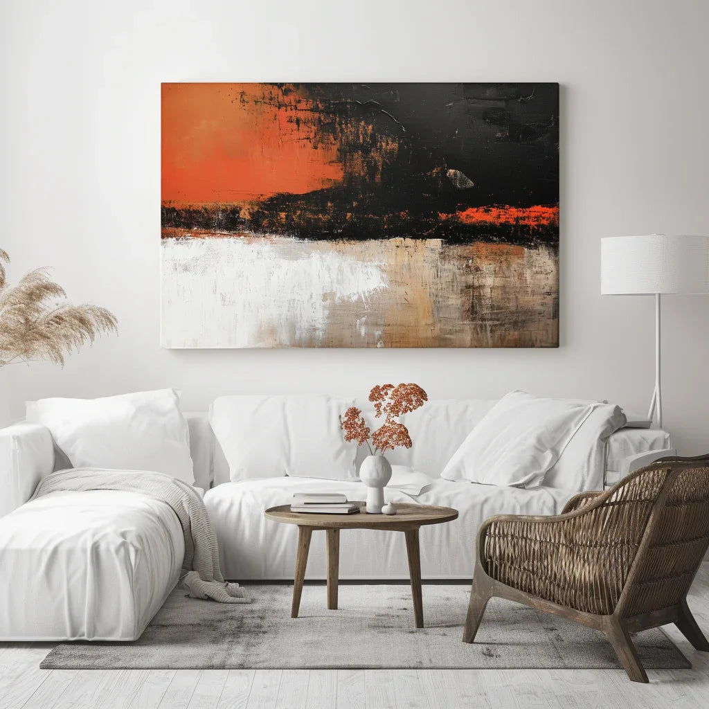 Fiery Horizon-Modern Minimalist Home Oil Painting Wall Art Interwoven With Orange and Black - artextured