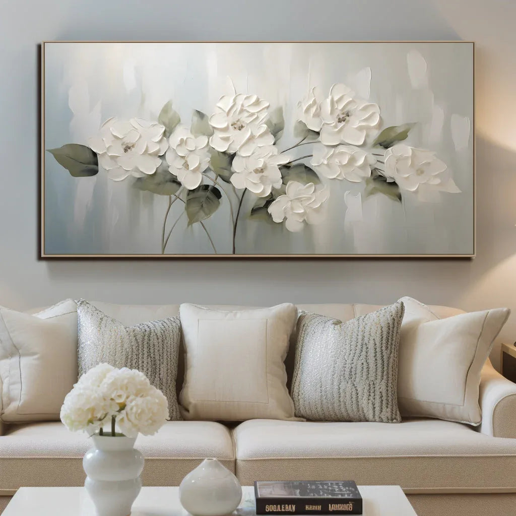 Timeless Petals - Natural Blooming White Flower Oil Painting Wall Art with Hand drawn Texture - artextured