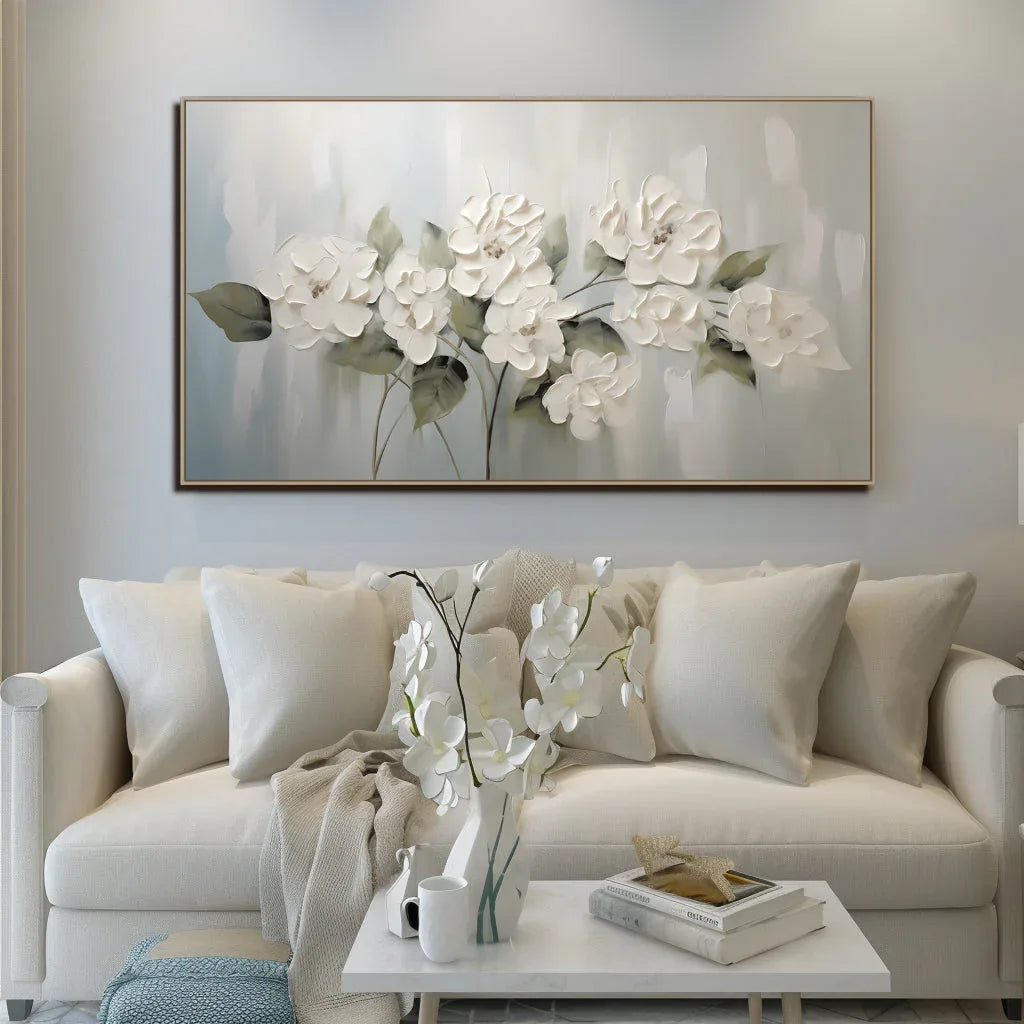 Timeless Petals - Natural Blooming White Flower Oil Painting Wall Art with Hand drawn Texture - artextured