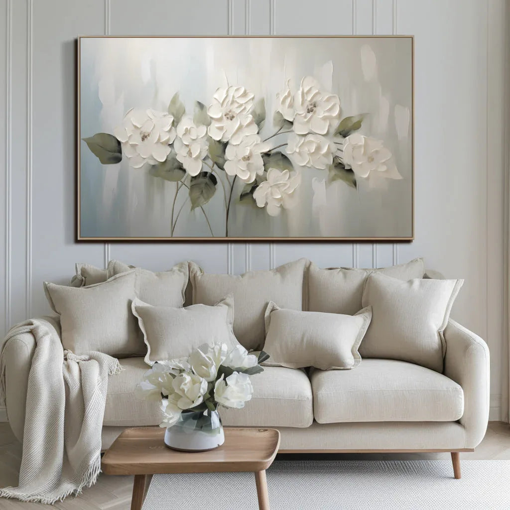 Timeless Petals - Natural Blooming White Flower Oil Painting Wall Art with Hand drawn Texture - artextured