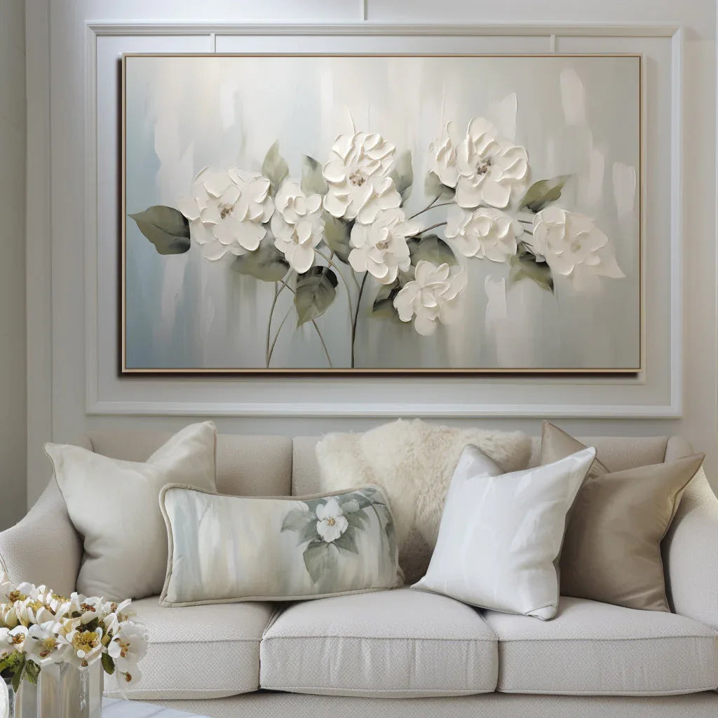 Timeless Petals - Natural Blooming White Flower Oil Painting Wall Art with Hand drawn Texture - artextured
