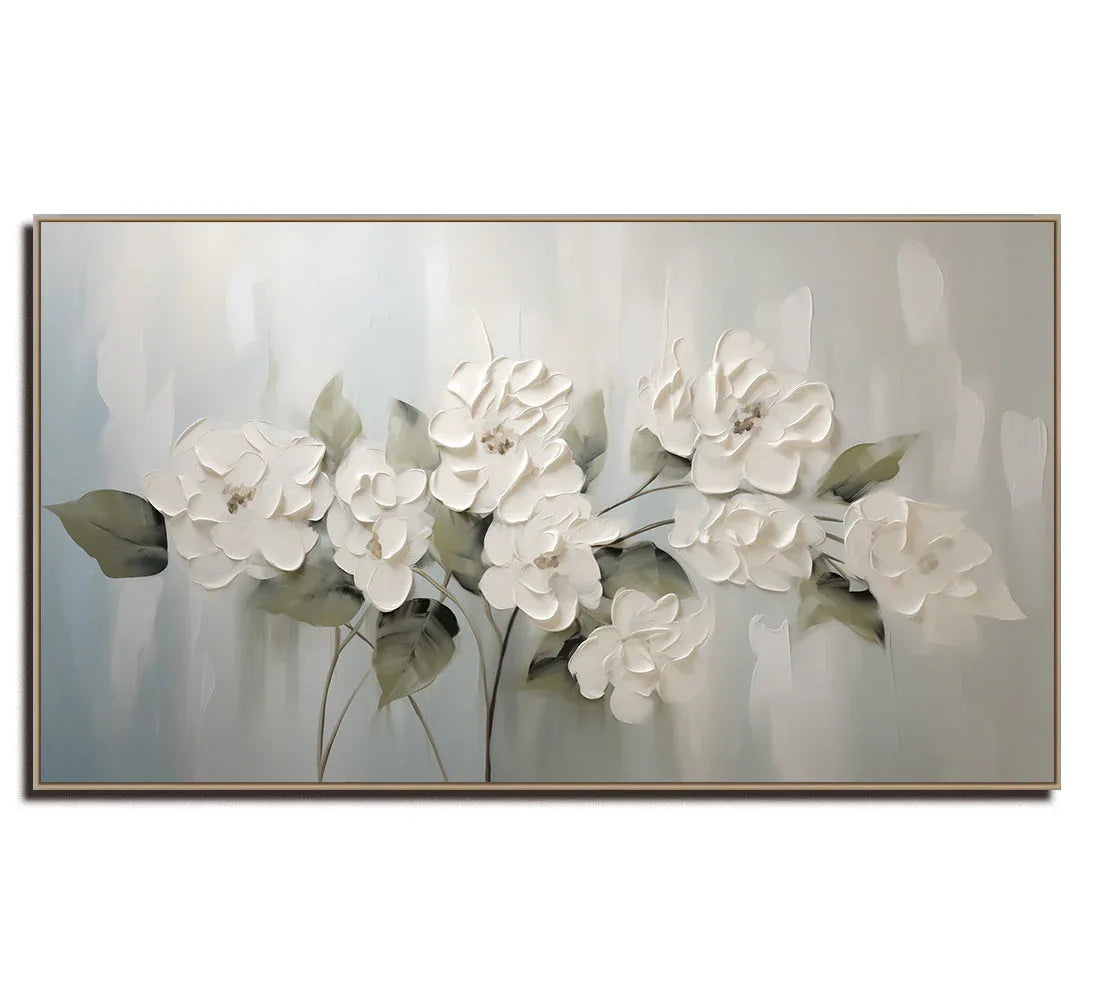 Timeless Petals - Natural Blooming White Flower Oil Painting Wall Art with Hand drawn Texture - artextured