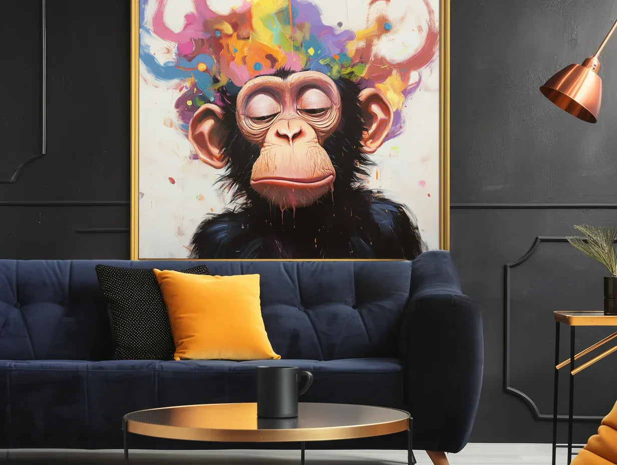 Colorful Monkey - Hand Drawn Abstract Fantasy Closed Eye Monkey Oil Painting Wall Art - artextured