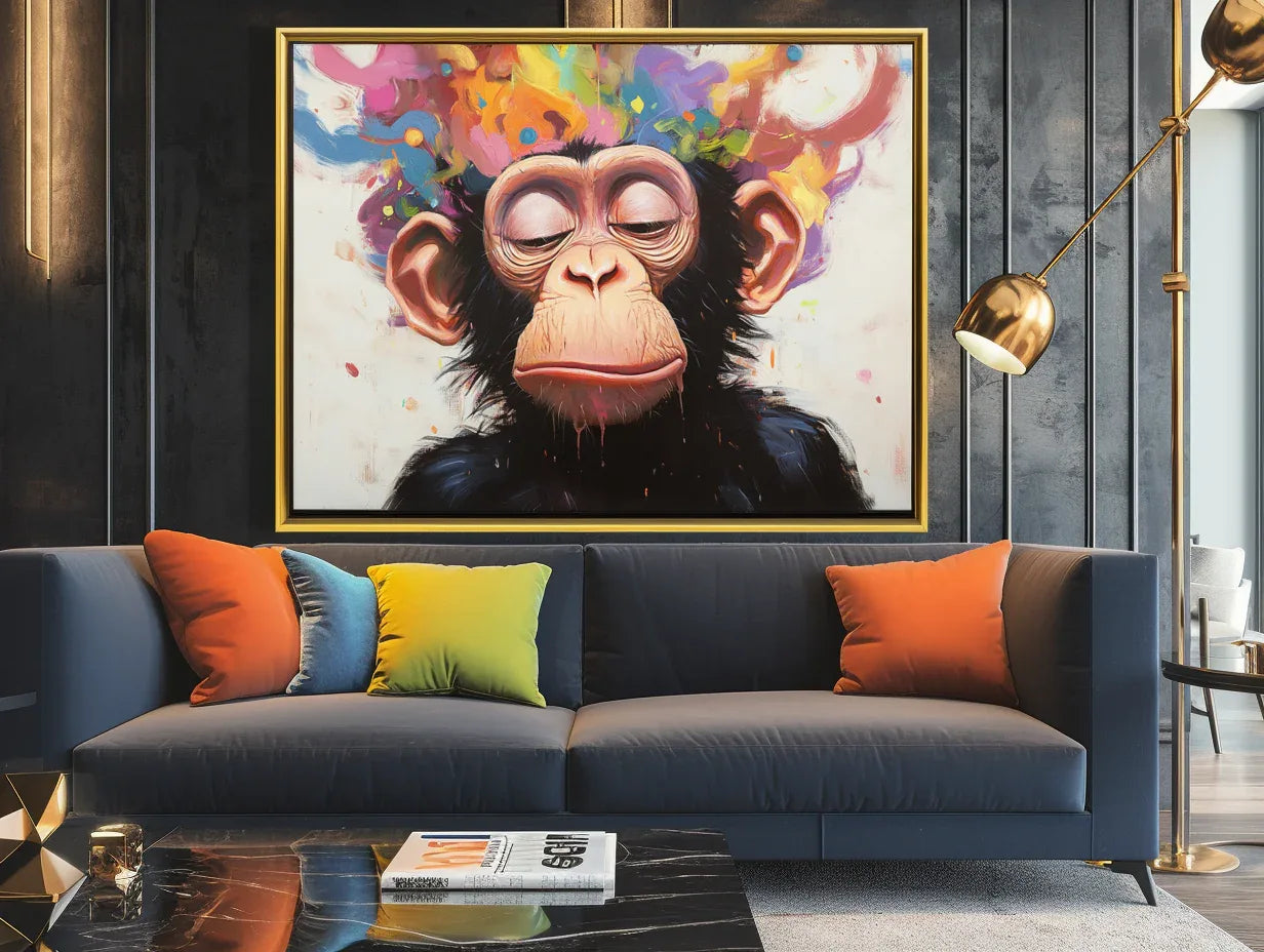 Colorful Monkey - Hand Drawn Abstract Fantasy Closed Eye Monkey Oil Painting Wall Art - artextured