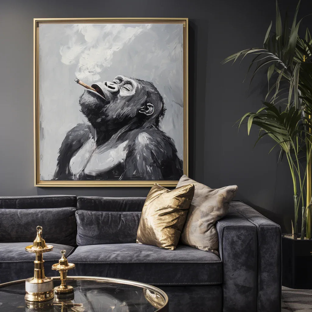 Majestic Ponder-Hand Drawn Black Gray Tone Gorilla Cigar Abstract Wall Art - artextured