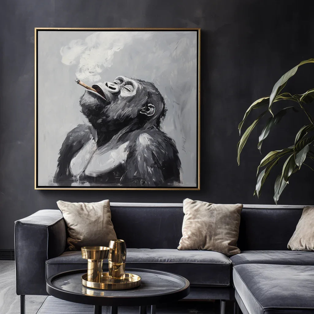 Majestic Ponder-Hand Drawn Black Gray Tone Gorilla Cigar Abstract Wall Art - artextured