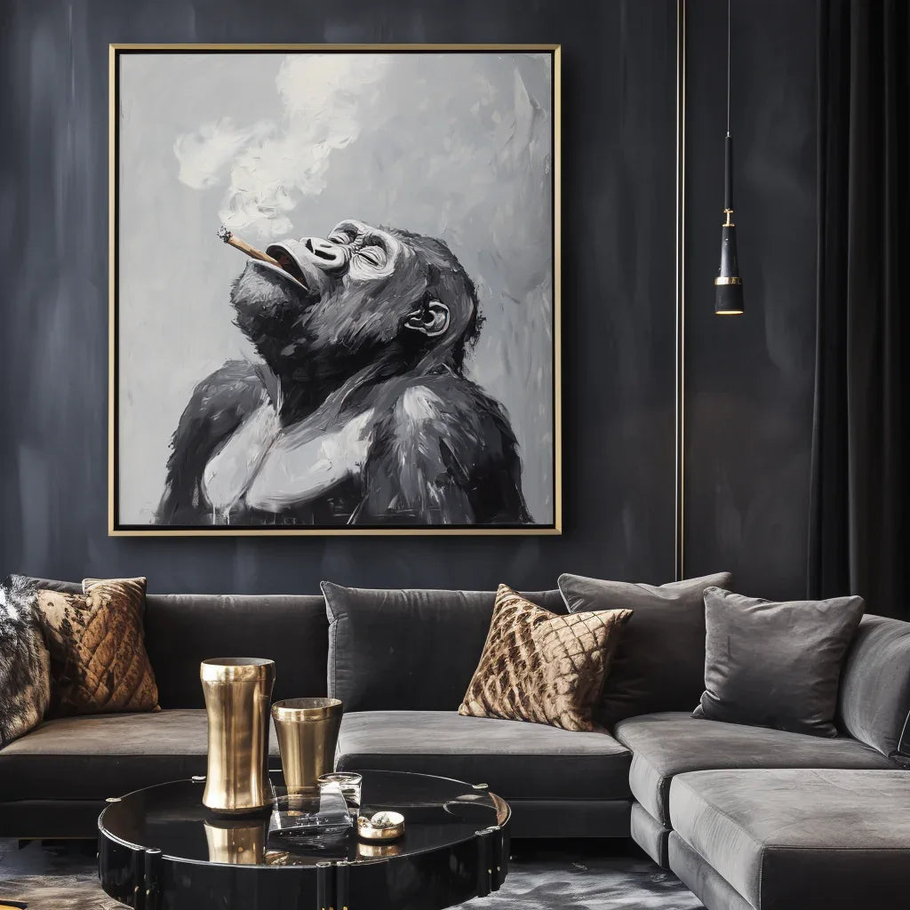 Majestic Ponder-Hand Drawn Black Gray Tone Gorilla Cigar Abstract Wall Art - artextured