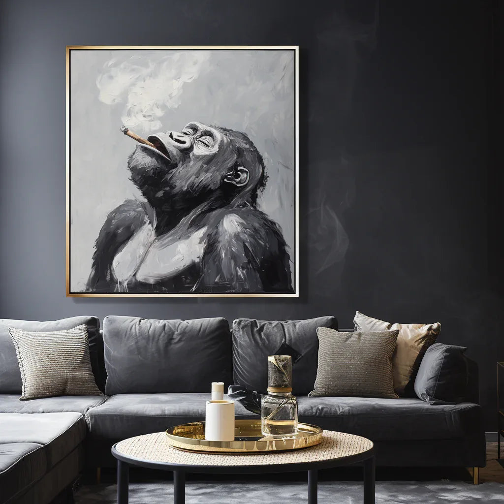 Majestic Ponder-Hand Drawn Black Gray Tone Gorilla Cigar Abstract Wall Art - artextured