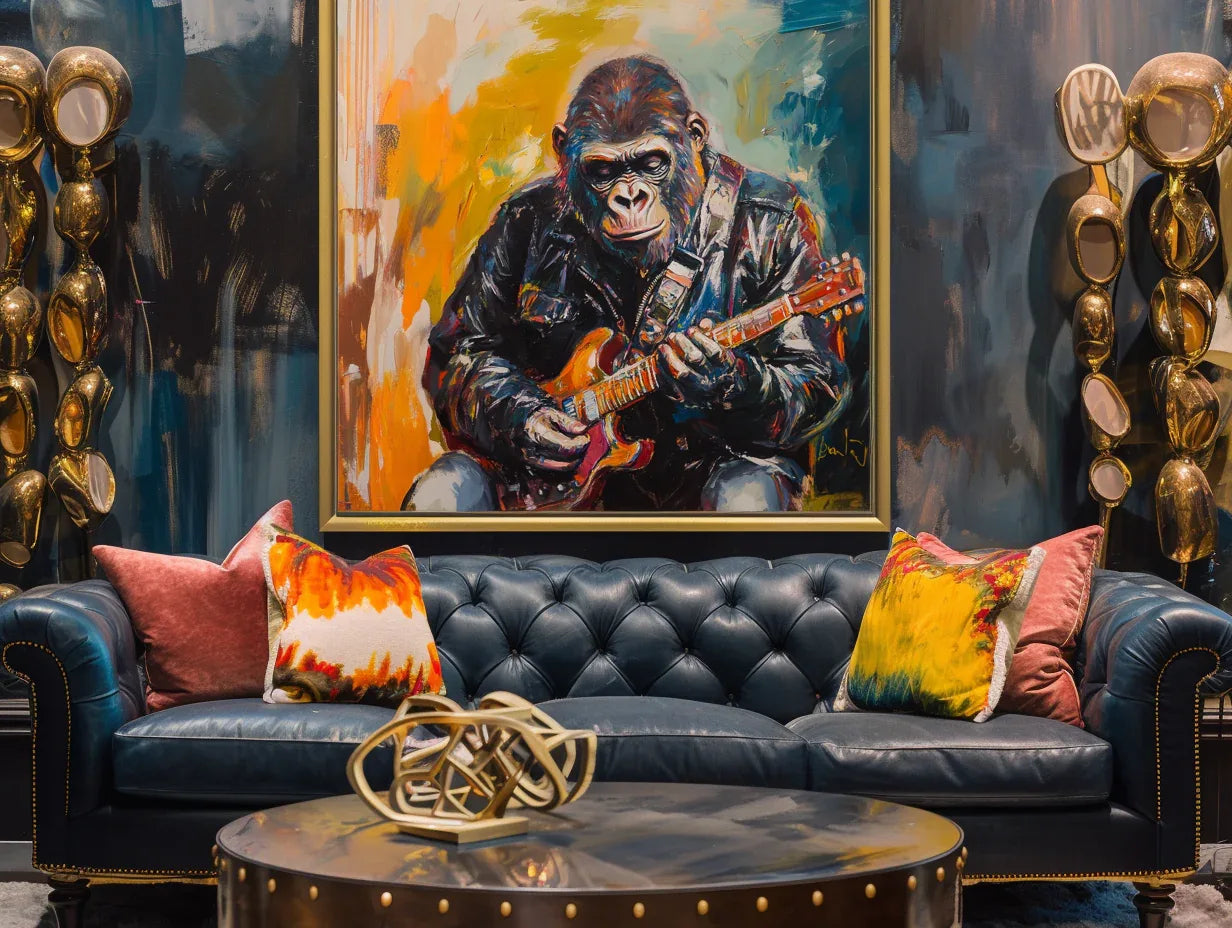Rockstar Groove-Rock Style Gorilla Guitarist, Abstract Color Oil Painting Wall Art - artextured