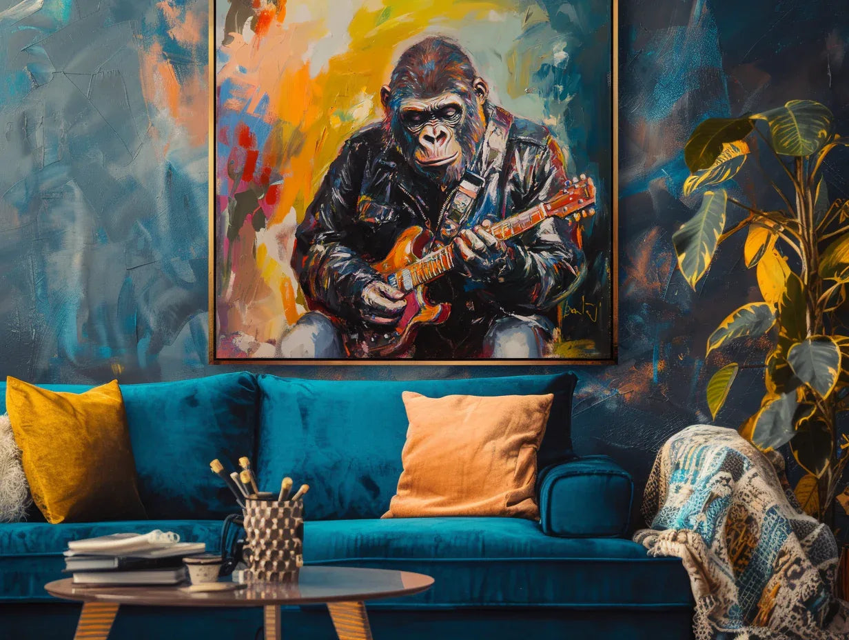 Rockstar Groove-Rock Style Gorilla Guitarist, Abstract Color Oil Painting Wall Art - artextured