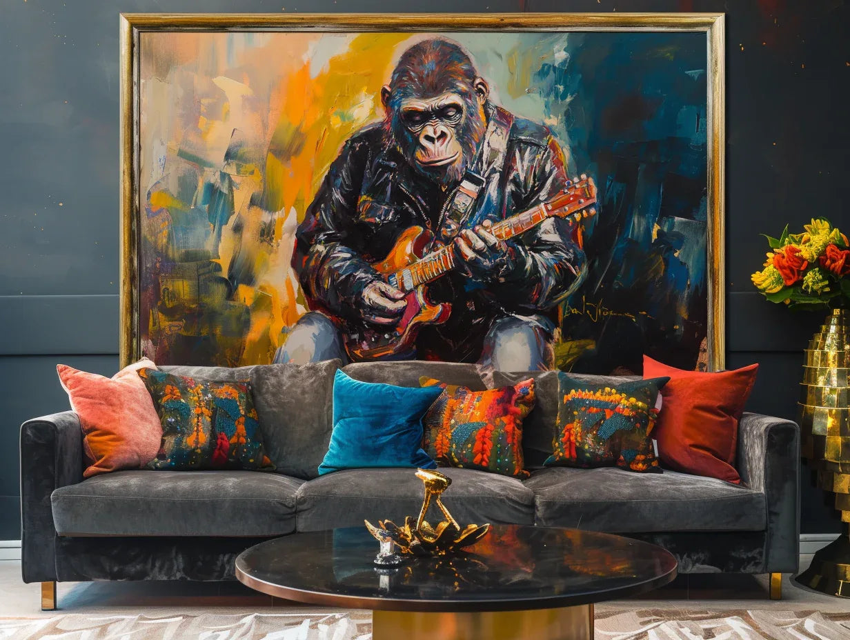 Rockstar Groove-Rock Style Gorilla Guitarist, Abstract Color Oil Painting Wall Art - artextured