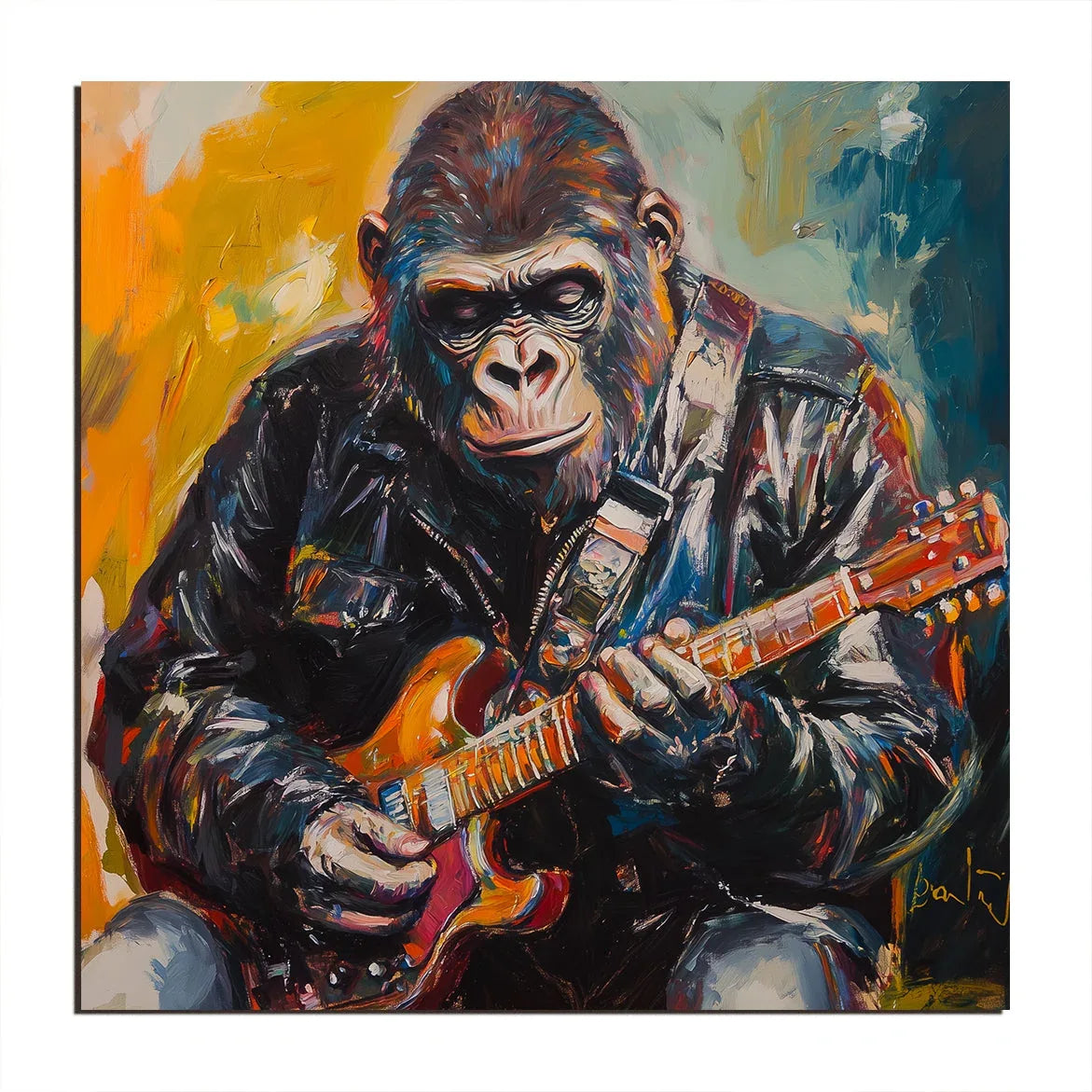 Rockstar Groove-Rock Style Gorilla Guitarist, Abstract Color Oil Painting Wall Art - artextured