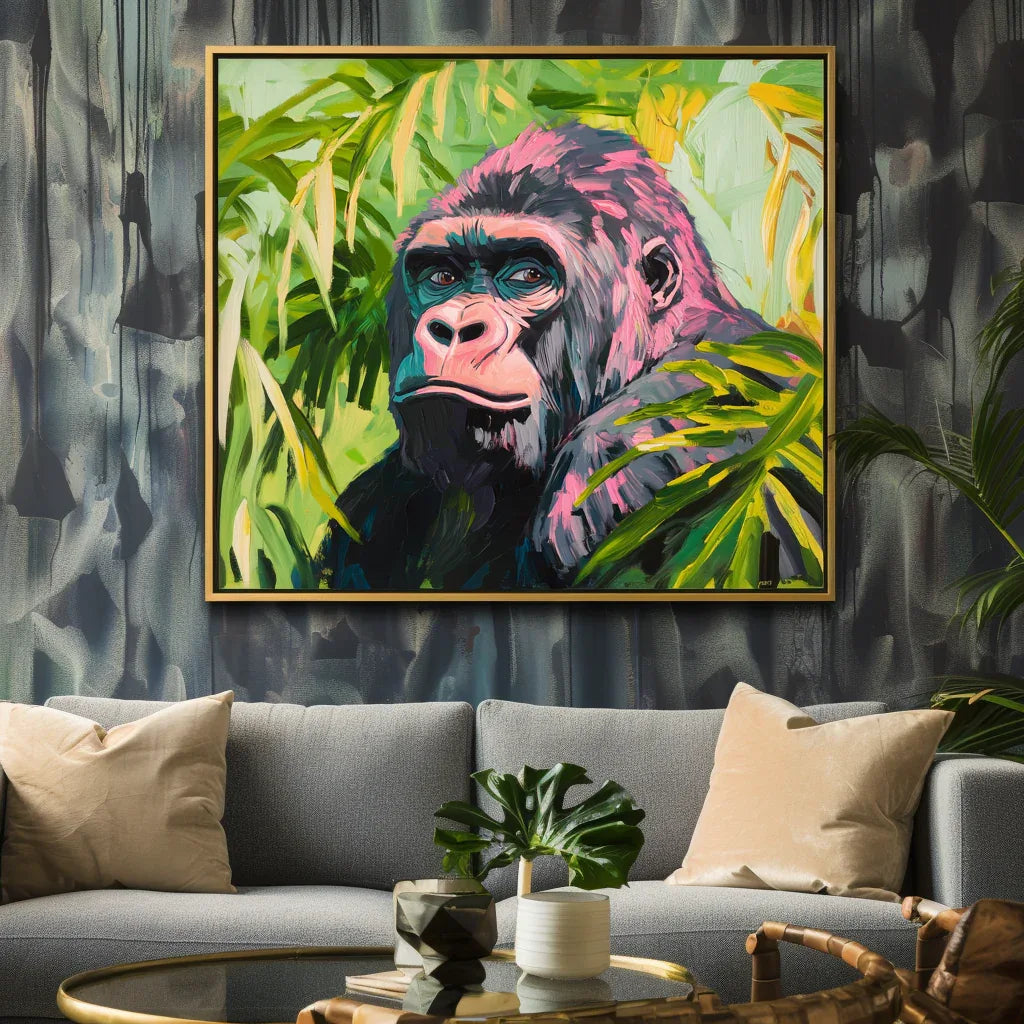 Vibrant Gorilla-Colorful Gorilla Green Plant Scene Abstract Oil Painting Wall Art - artextured