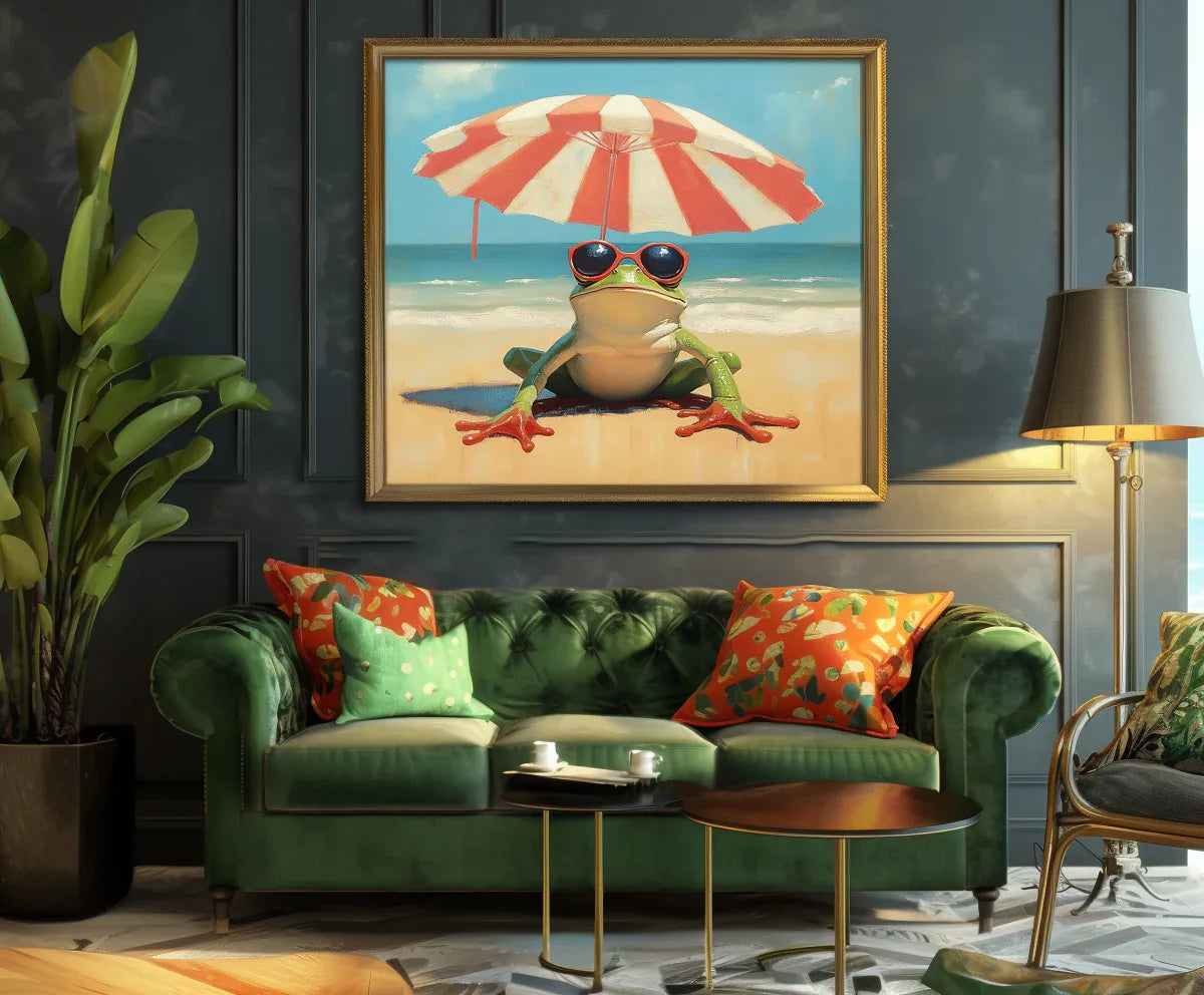 Beach Day Bliss-Fun Beach Vacation Frog Abstract Oil Painting Wall Art for Indoor Decoration - artextured