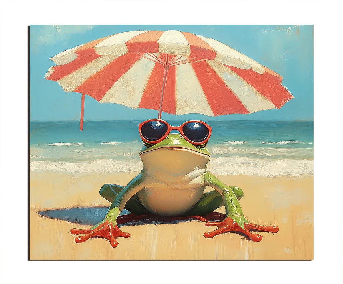 Beach Day Bliss-Fun Beach Vacation Frog Abstract Oil Painting Wall Art for Indoor Decoration - artextured