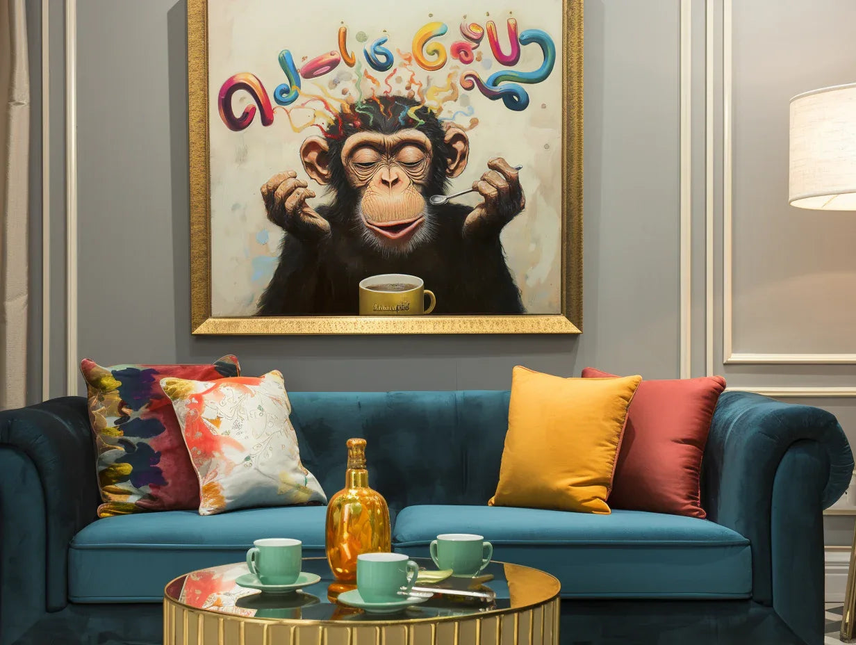 Morning Brew Monkey-Color Fonts and Coffee Gorilla Creative Abstract Wall Art - artextured