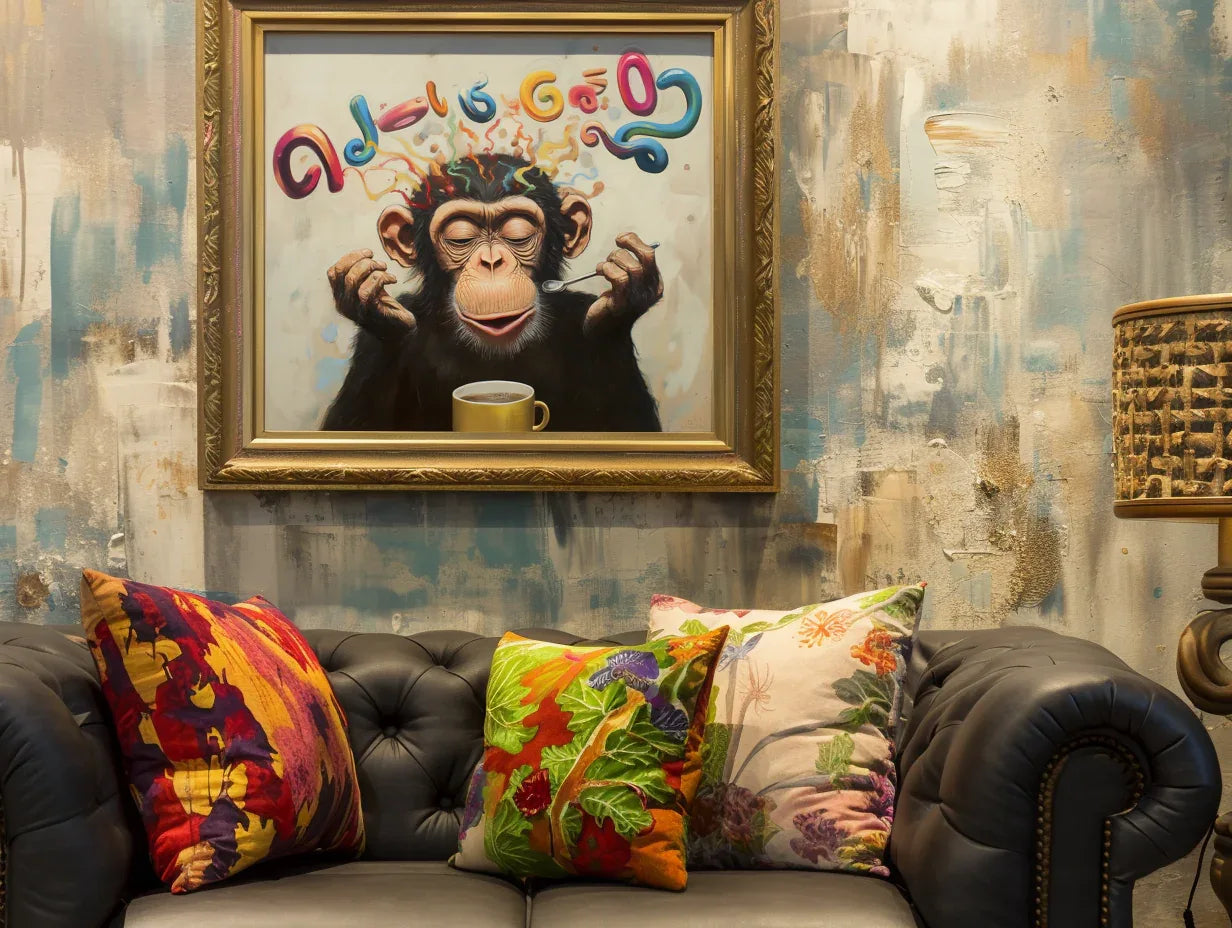 Morning Brew Monkey-Color Fonts and Coffee Gorilla Creative Abstract Wall Art - artextured