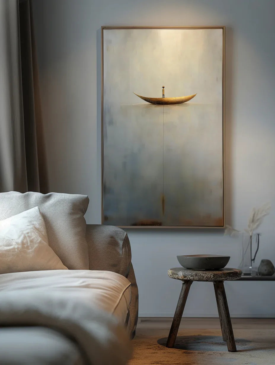 Solitary Voyage-Minimalist Wabi-Sabi Boat Light and Shadow Oil Painting Wall Art - artextured