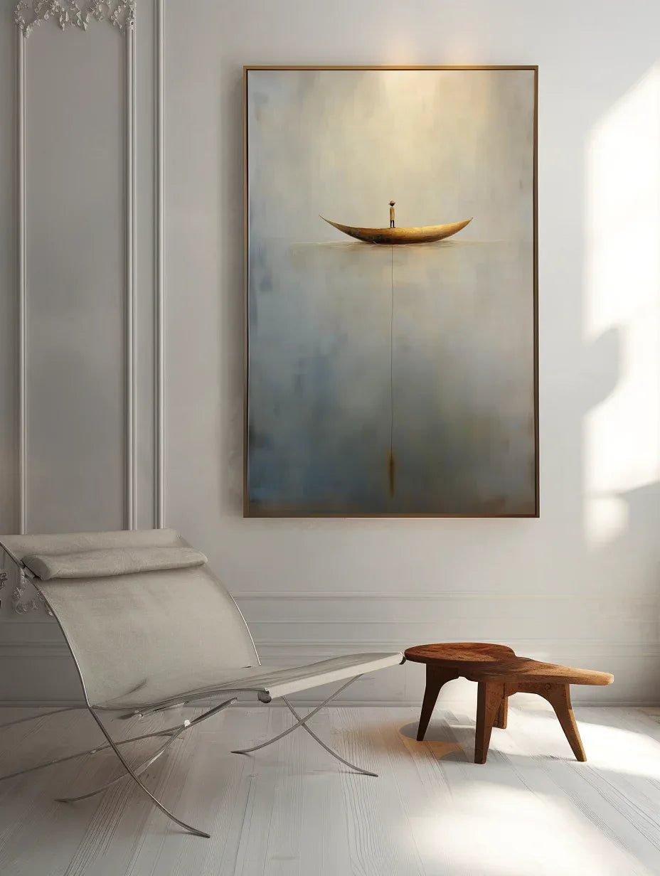 Solitary Voyage-Minimalist Wabi-Sabi Boat Light and Shadow Oil Painting Wall Art - artextured