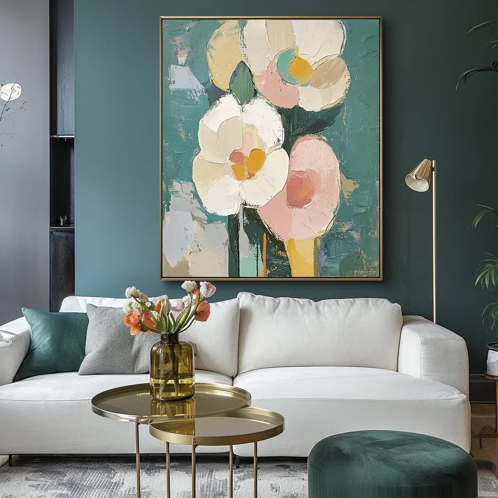 Blooms in Hues-Abstract Texture Wall Art Featuring Hand-Painted Pink and White Flowers - artextured