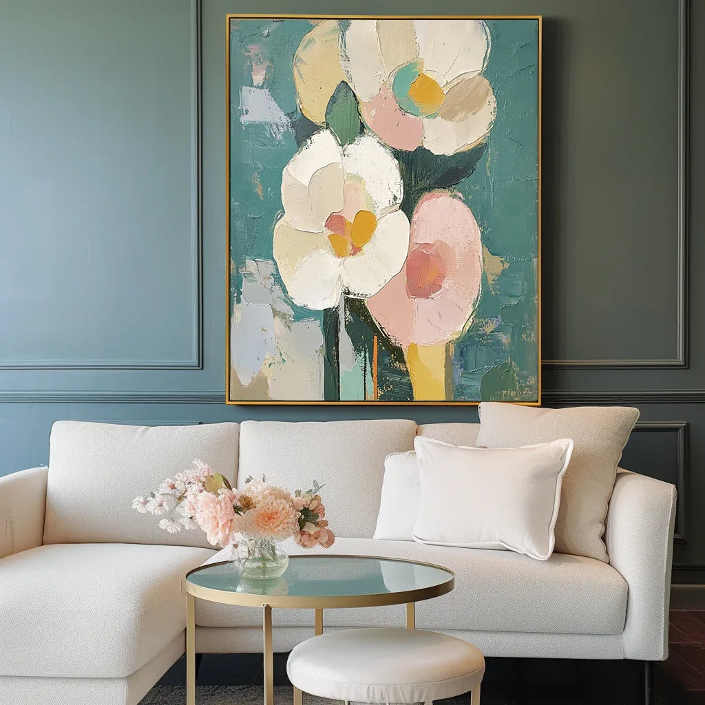 Blooms in Hues-Abstract Texture Wall Art Featuring Hand-Painted Pink and White Flowers - artextured