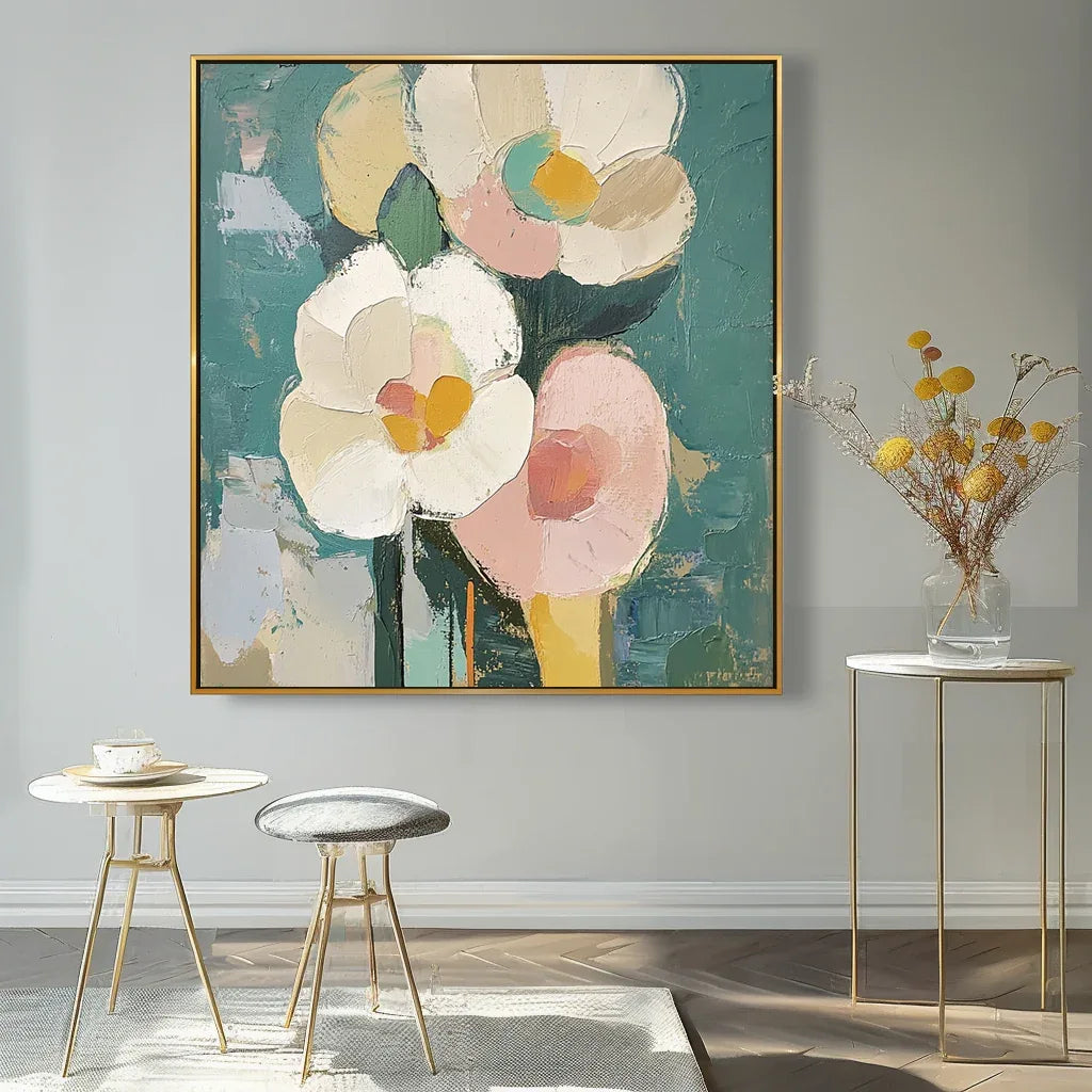 Blooms in Hues-Abstract Texture Wall Art Featuring Hand-Painted Pink and White Flowers - artextured