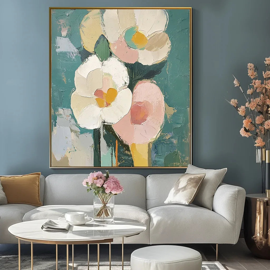 Blooms in Hues-Abstract Texture Wall Art Featuring Hand-Painted Pink and White Flowers - artextured