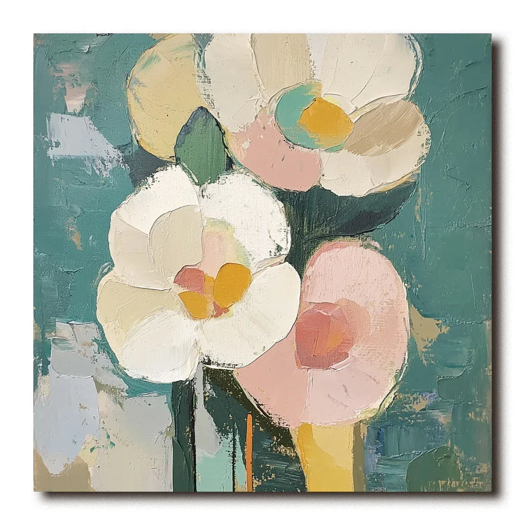 Blooms in Hues-Abstract Texture Wall Art Featuring Hand-Painted Pink and White Flowers - artextured