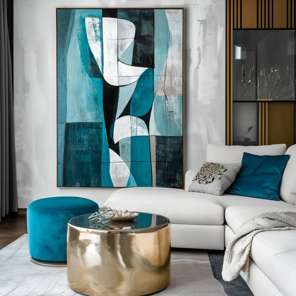 Abstract Geometric Harmony-Geometric Blue Tone Abstract Hand-painted Oil Painting Wall Art - artextured