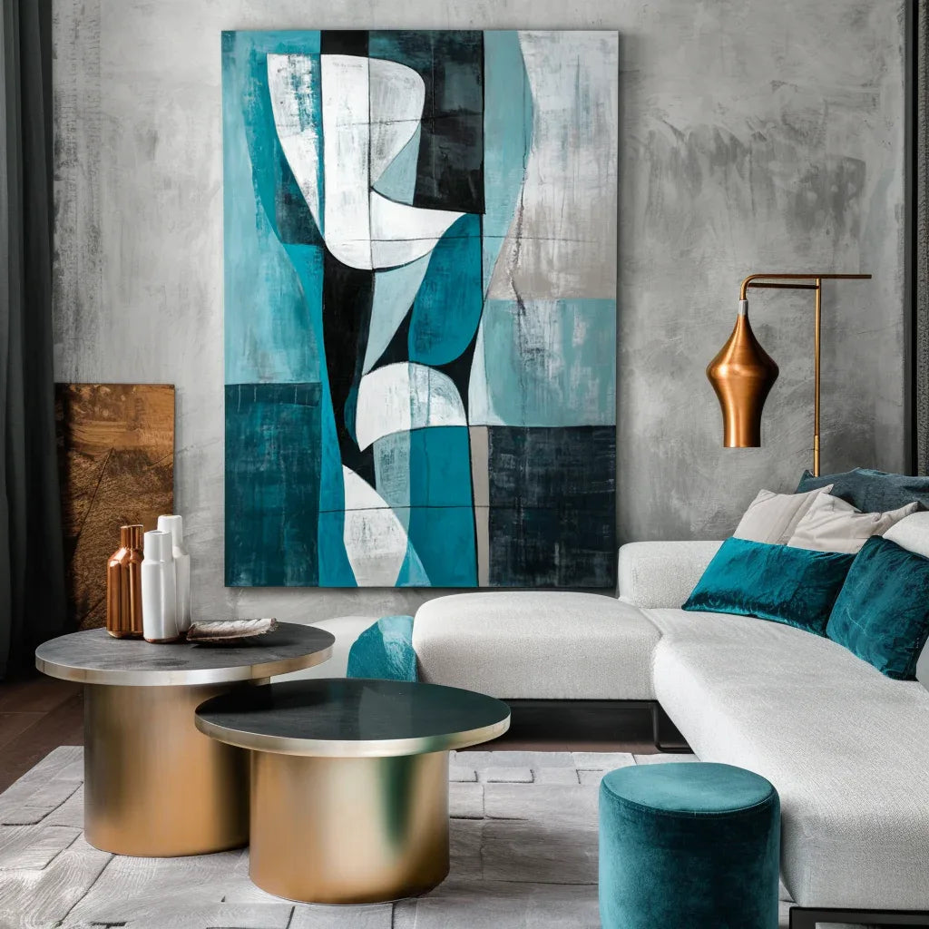 Abstract Geometric Harmony-Geometric Blue Tone Abstract Hand-painted Oil Painting Wall Art - artextured