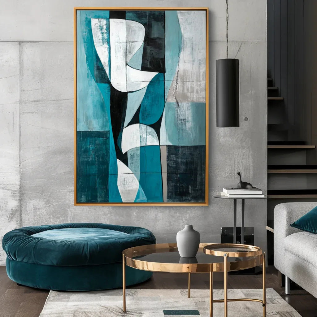 Abstract Geometric Harmony-Geometric Blue Tone Abstract Hand-painted Oil Painting Wall Art - artextured