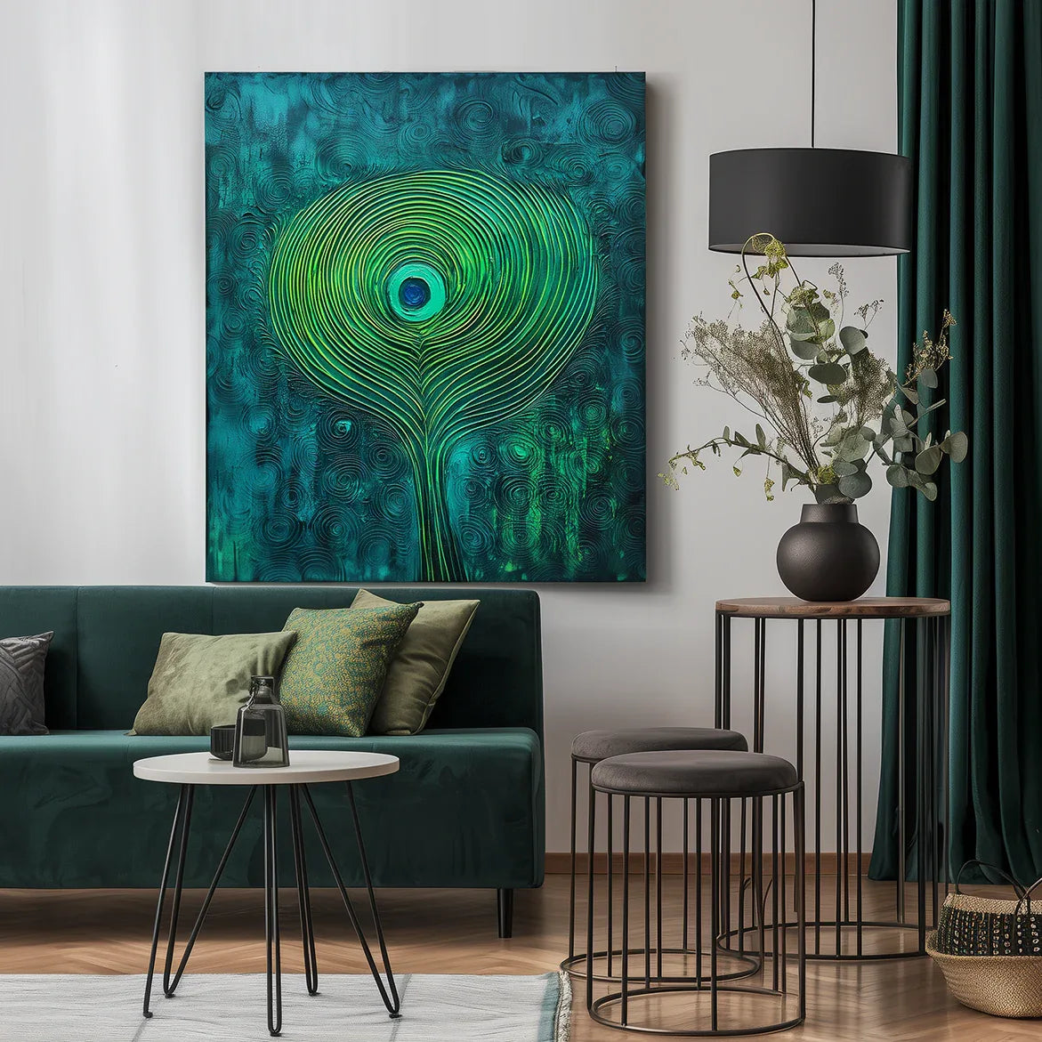 Mystic Whorl Canvas-Modern Abstract Blue-Green Gradient Peacock Feather Wall Art - artextured